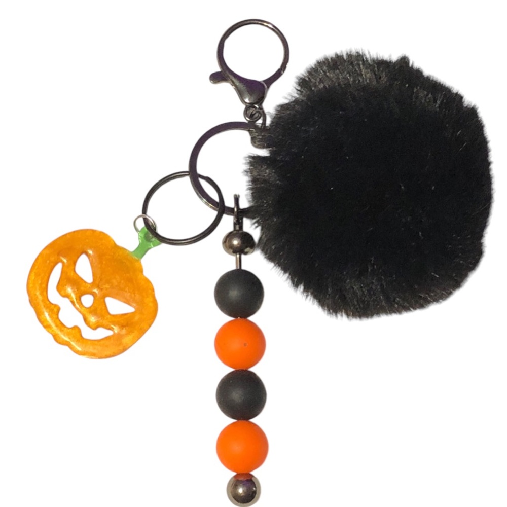 Handmade Halloween Purse Charm Backpack Clip Pom Pom Pumpkin Beaded NEW